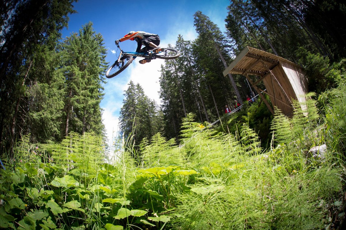 Mountainbiker fliegt von einer hölzernen Schanze im grünen Sommerwald des Bikeparks Brandnertal